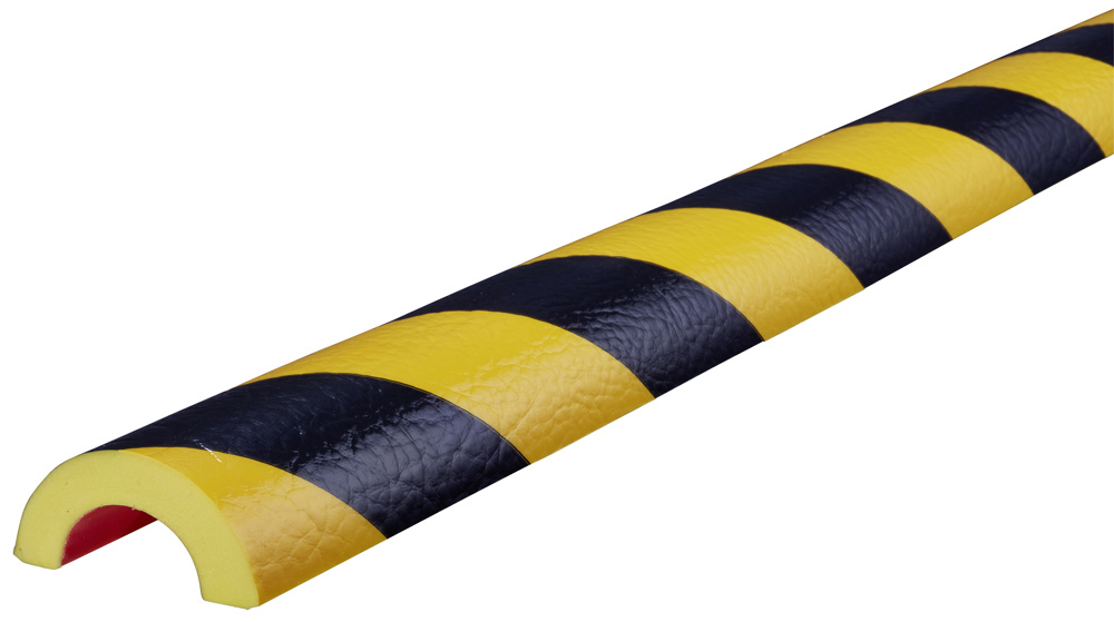 Knuffi Rohrschutz Profil Typ R30 Ø 30 mm gelb | schwarz PU - 5,00 m Standard Warnschutz Profil Rohrleitung schmal aus Polyurethan - Rohrprofil gestreift mit selbstklebenden Kanten (SM-PR-10028) Bild-01
