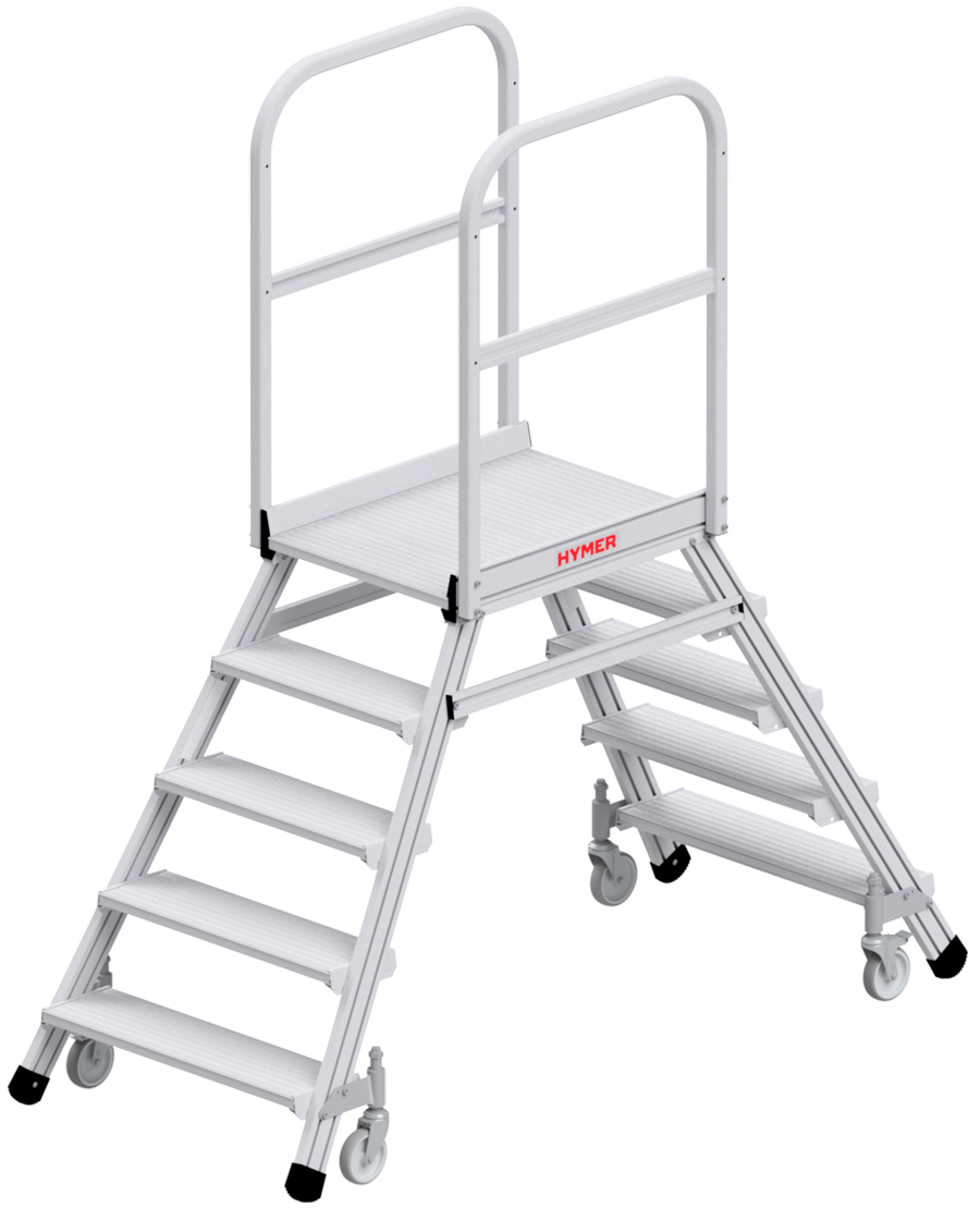 Hymer Podesttreppe fahrbar - 2x5 Stufen Treppe beidseitig begehbar - Plattform 600 x 800 mm | mit Podestgeländer beidseitig - nach DIN EN 131-7 (HY-618905) Bild-01