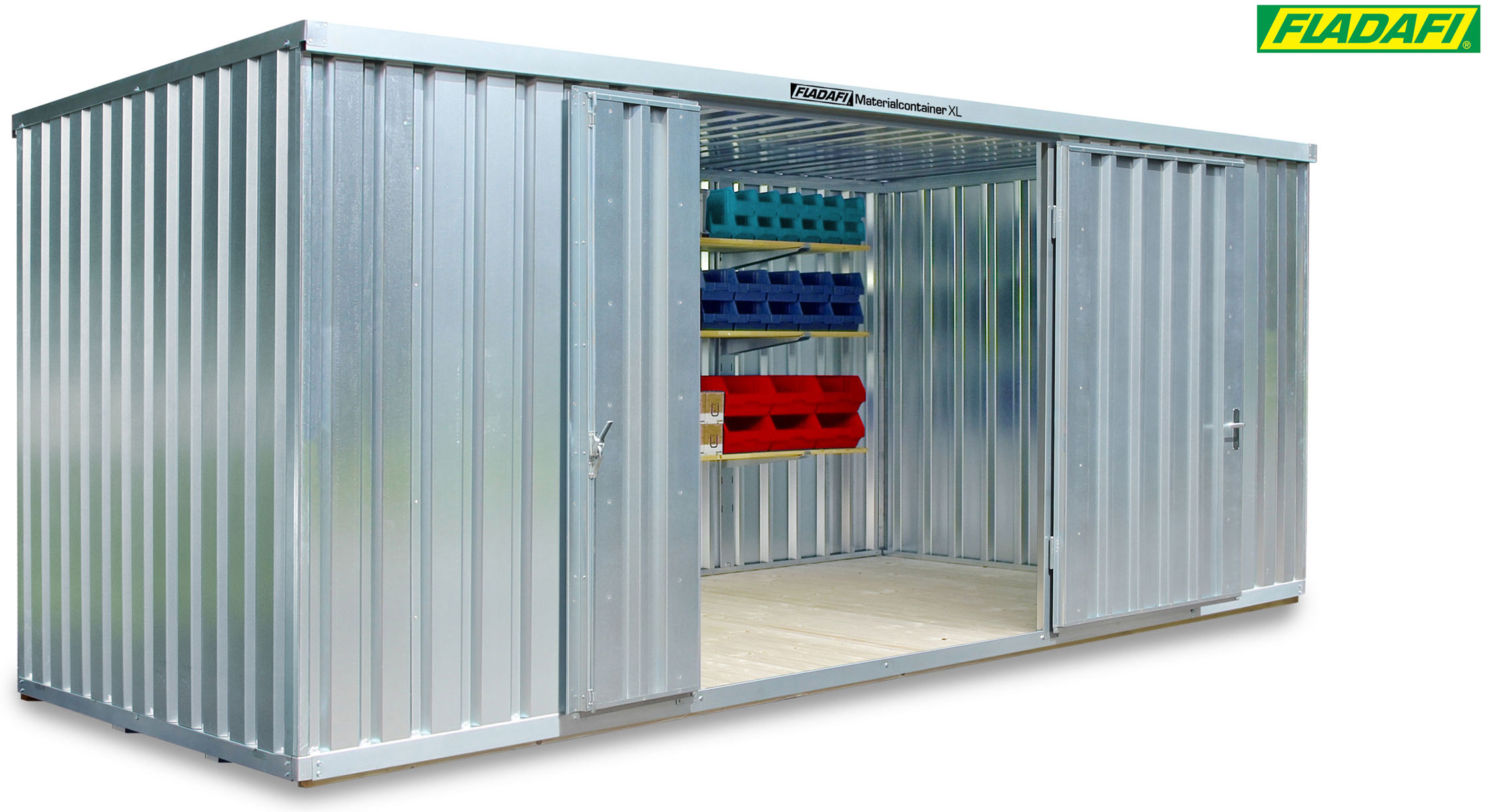 FLADAFI Materialcontainer 6020 x 2170 x 2532 mm mit Holzboden - 2-flügelige Tür auf 6 m Seite Container MC 1600 XL mit Tür 1825 x 2260 mm - Lagercontainer 12 m² montiert (SB-F2016200201201622) Bild-01