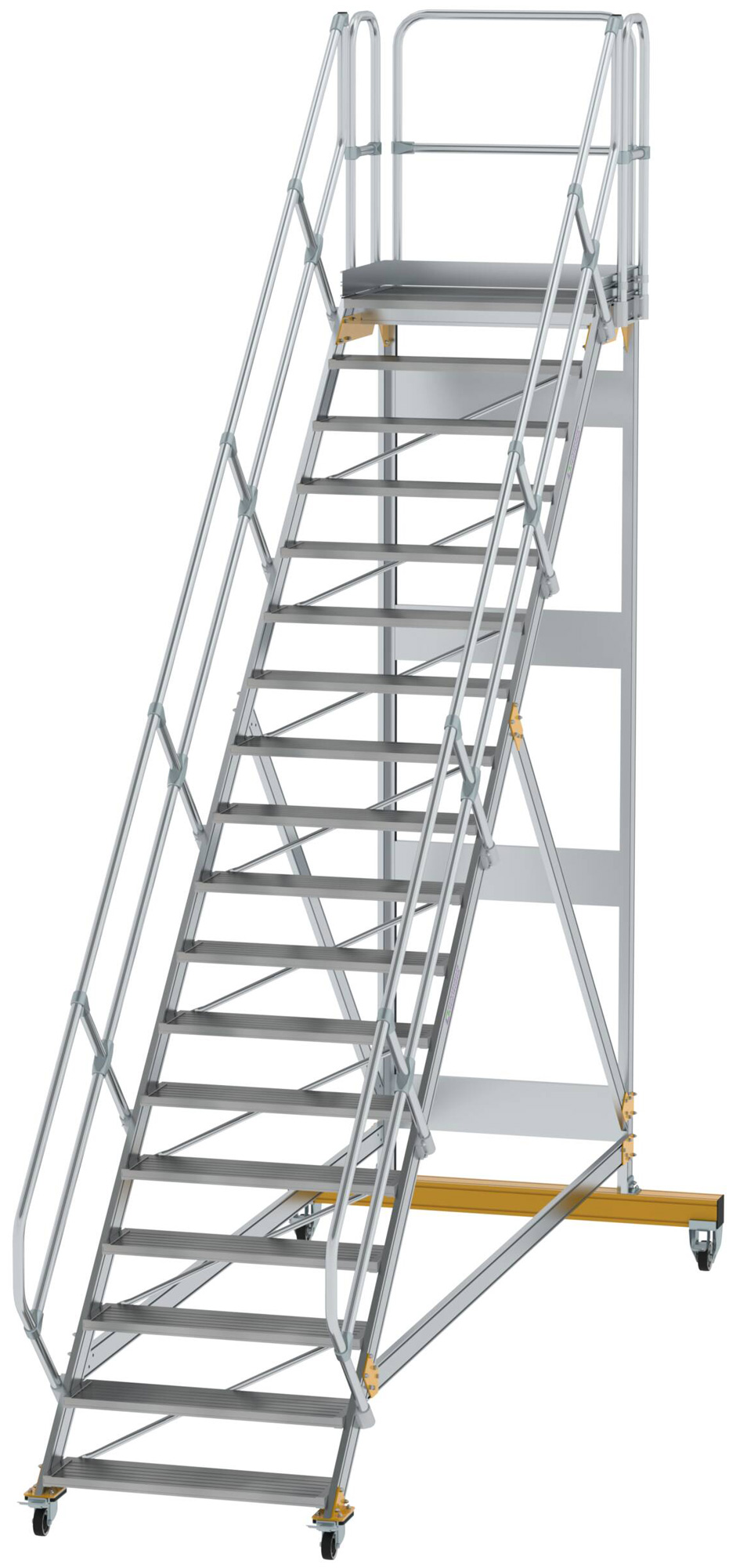 Günzburger Podesttreppe fahrbar 45° 19 Stufen - 1000 mm breit Alutreppe fahrbar mit Umlaufgeländer - Stufenausführung Alu gerieft (GB-600819) Bild-01