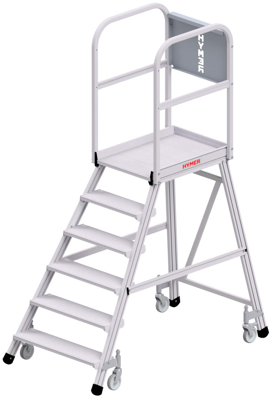 Hymer Podesttreppe fahrbar - 6 Stufen Treppe einseitig begehbar - Plattform 600 x 800 mm | mit Umlaufgeländer - nach DIN EN 131-7 (HY-618806) Bild-01