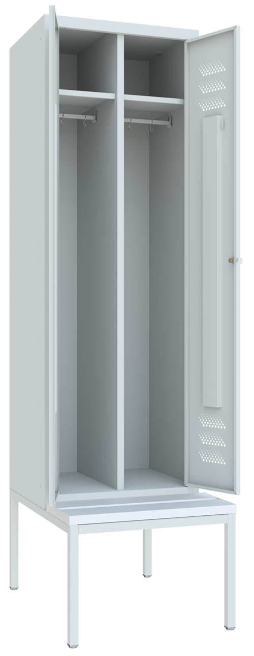 Pavoy Spind mit Sitzbank PVC weiß 2150 x 600 x 500 mm - 1 Doppel-Abteil mit Zylinderschloss - RAL 7035 Garderobenschrank Stahl Fachbreite 600 mm mit Hutboden und Kleiderstange - Korpus lichtgrau | Türen lichtgrau | Sitzbank Kunststoffleiste (PA-20212-213-