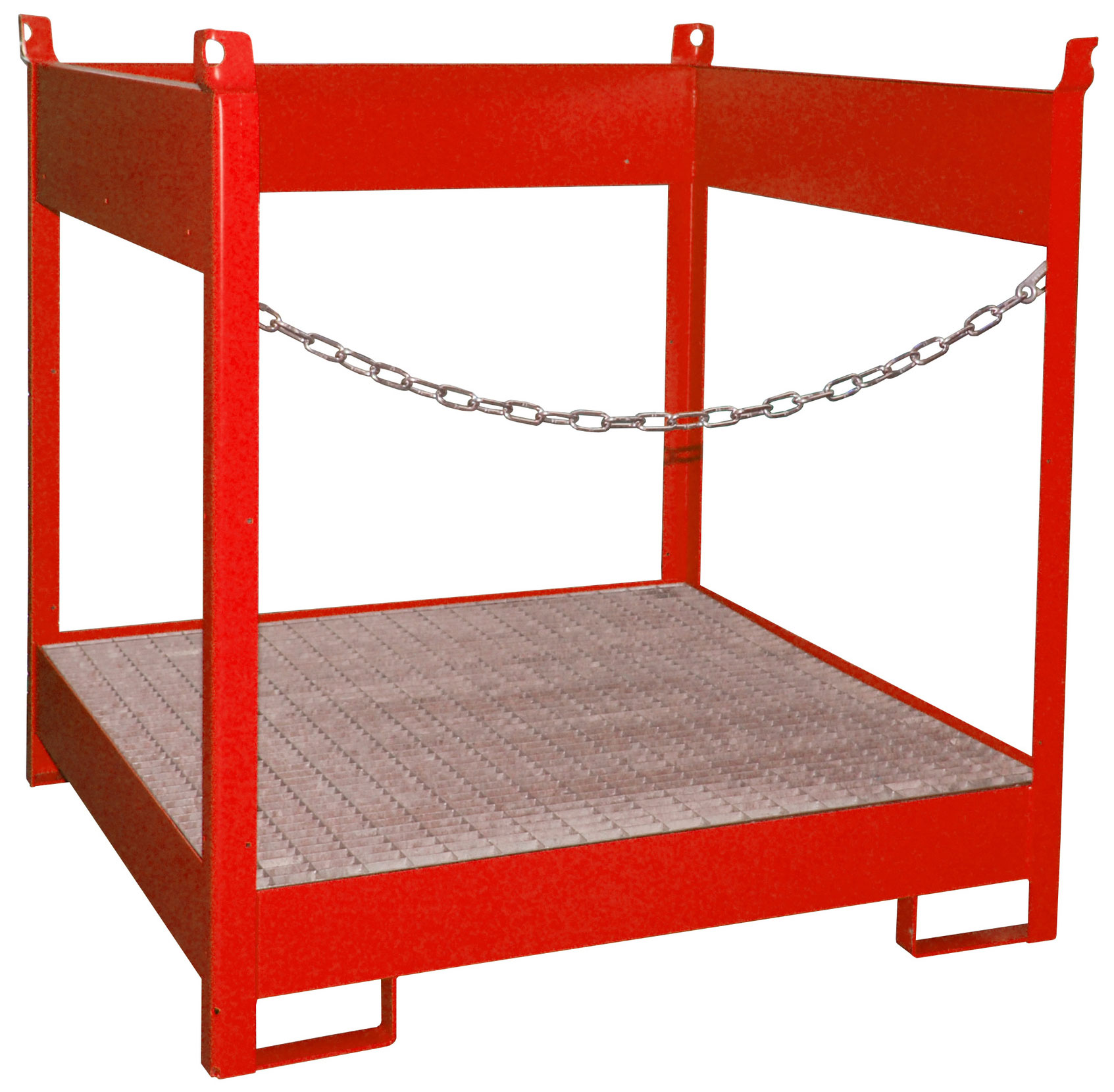 Bauer Fass-Stapelpalette Stahl FSP 4 - RAL 3000 Transportgestell feuerrot pulverbeschichtet mit Auffangwanne seitlich geöffnet - Stapelgestell für 4 Fässer 200 Liter (BA-4442-05-0000-2) Bild-01