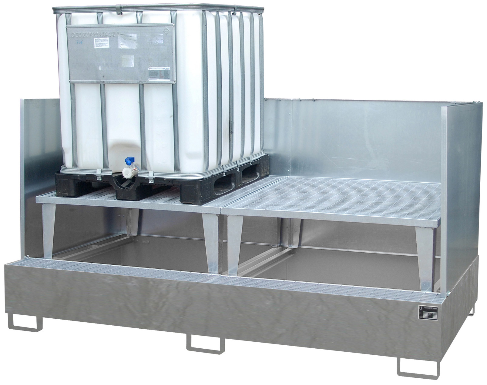 Bauer Auffangwanne Stahl AWA 1000-2|SW - verzinkt Gefahrstoffwanne verzinkt mit Abfüllbock und Spritzschutzwand - Stahlwanne mit 1000 Liter Auffangvolumen (BA-4402-78-2000-7) Bild-01