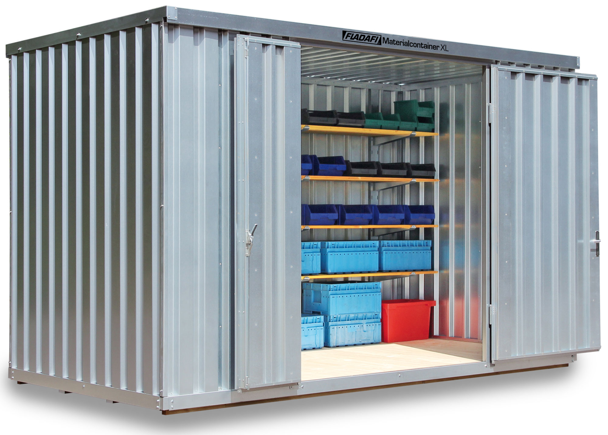FLADAFI Materialcontainer 4050 x 2170 x 2532 mm mit Holzboden - 2-flügelige Tür auf 4 m Seite Container MC 1400 XL mit Tür 1825 x 2260 mm - Lagercontainer 8 m² montiert (SB-F2014200201201422) Bild-01