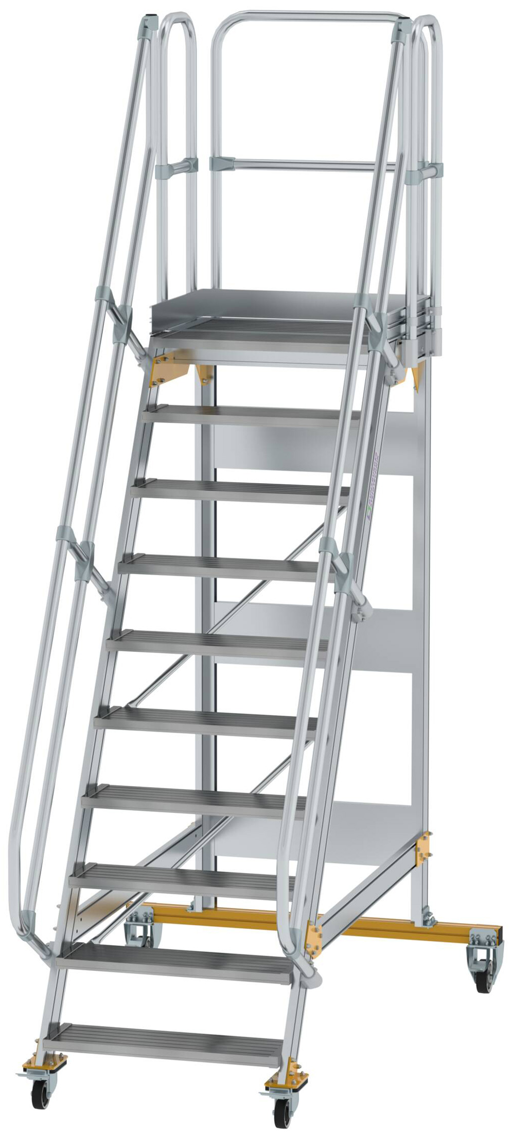 Günzburger Podesttreppe fahrbar 60° 10 Stufen - 800 mm breit Alutreppe fahrbar mit Umlaufgeländer - Stufenausführung Alu gerieft (GB-600730) Bild-01
