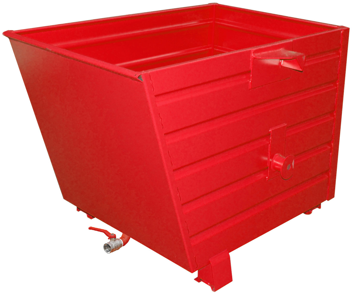 Bauer Späne-Stapelkippbehälter BSL-70 - RAL 3000 Kippmulde 700 Liter für Stapler mit Ablasshahn und Lochblechboden - Schuttmulde feuerrot pulverbeschichtet (BA-4420-17-0000-2) Bild-01