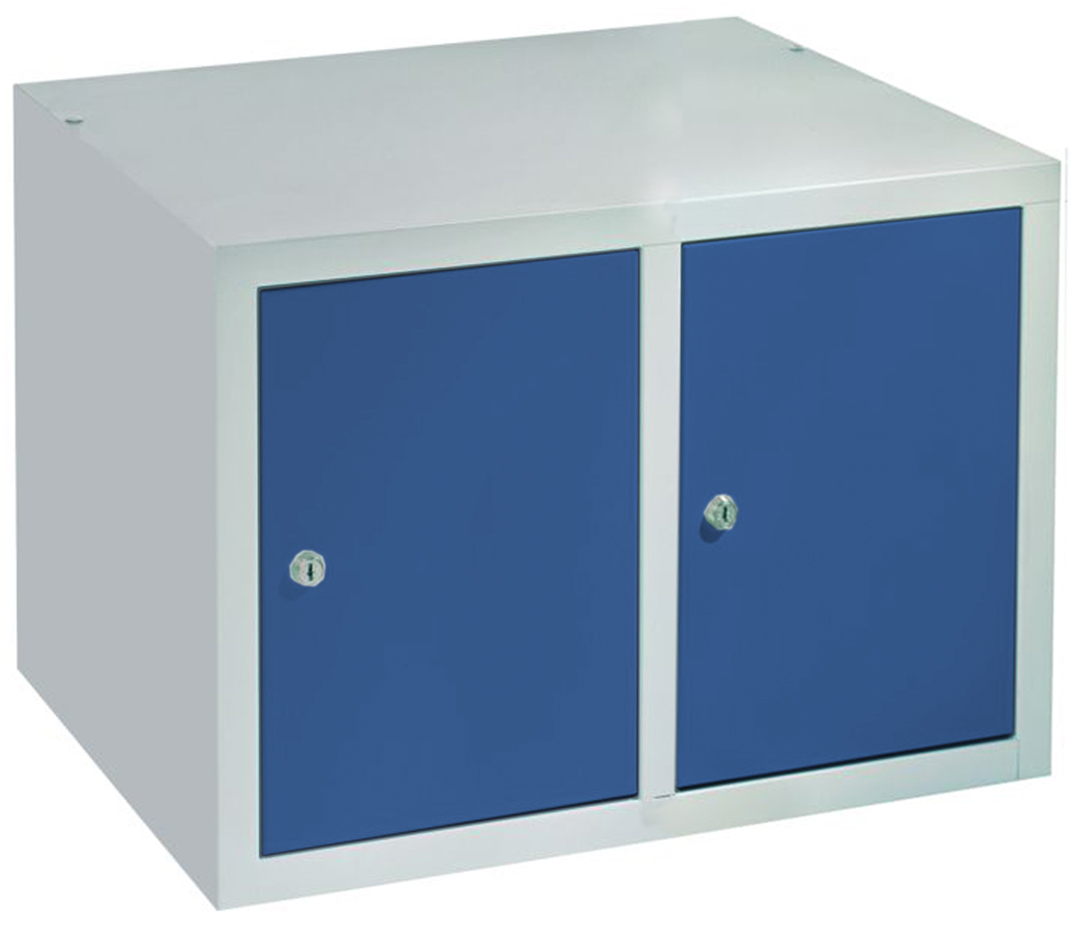 Pavoy Spind Aufsatz 395 x 600 x 500 mm - 2 Abteile mit Zylinderschloss - RAL 7035 | 5010 Garderobenschrank Aufsatz Stahl Fachbreite 300 mm - Korpus lichtgrau | Türen enzianblau (PA-63268-213-001-735510) Bild-01