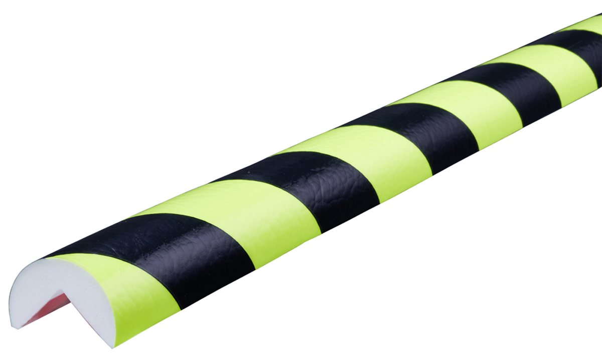 Knuffi Eckschutzprofil Typ A Ø 40 mm neon | schwarz PU - 50,00 m Standard Warnschutz Profil Rundprofil mit Winkelaussparung aus Polyurethan - Eckprofil gestreift mit selbstklebenden Kanten (SM-PA-10740) Bild-01