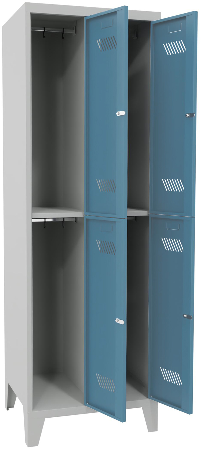 Pavoy Schließfach Spind mit Füßen 1850 x 600 x 500 mm - 4 Abteile mit Zylinderschloss - RAL 7035 | 5012 Schließfach Schrank Stahl Fachbreite 300 mm mit Kleiderstange - Korpus lichtgrau | Türen lichtblau (PA-60260-223-031-735512) Bild-01