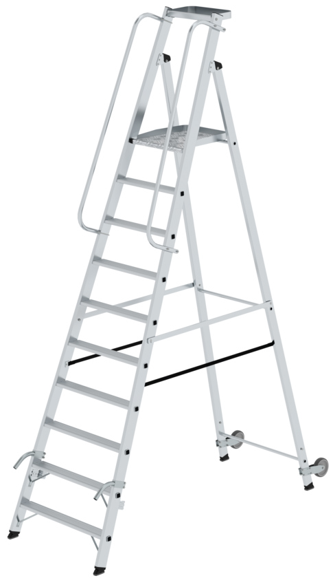 Günzburger Stehleiter mit Rollen und Griff Alu 10 Stufen Leiter mit großer Plattform und Ablageschale - einseitig begehbar (GB-51090) Bild-01