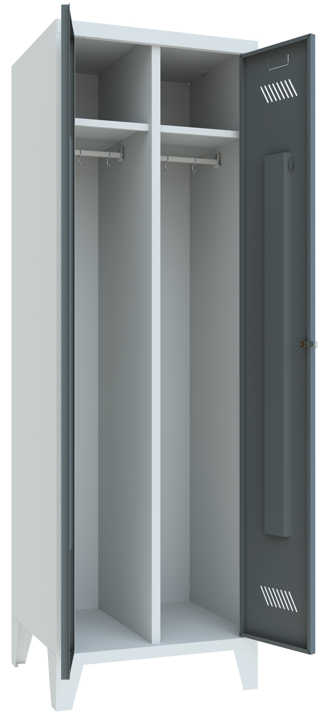 Pavoy Spind mit Füßen 1850 x 1170 x 500 mm - 2 Doppel-Abteile mit Zylinderschloss - RAL 7035 | 7016 Garderobenschrank Stahl Fachbreite 600 mm mit Hutboden und Kleiderstange - Korpus lichtgrau | Türen anthrazitgrau (PA-20201-413-331-735716) Bild-01