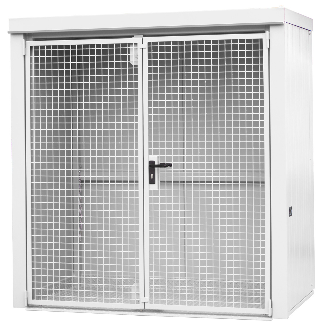 Bauer Gasflaschen-Container Stahl GFC-B M1 - RAL 9002 Gasflaschenlager grauweiß pulverbeschichtet mit Tränenblechboden und Doppelflügeltor - Stahlschrank für 28 Flasche Ø 230 mm (BA-4477-31-0000-18) Bild-01