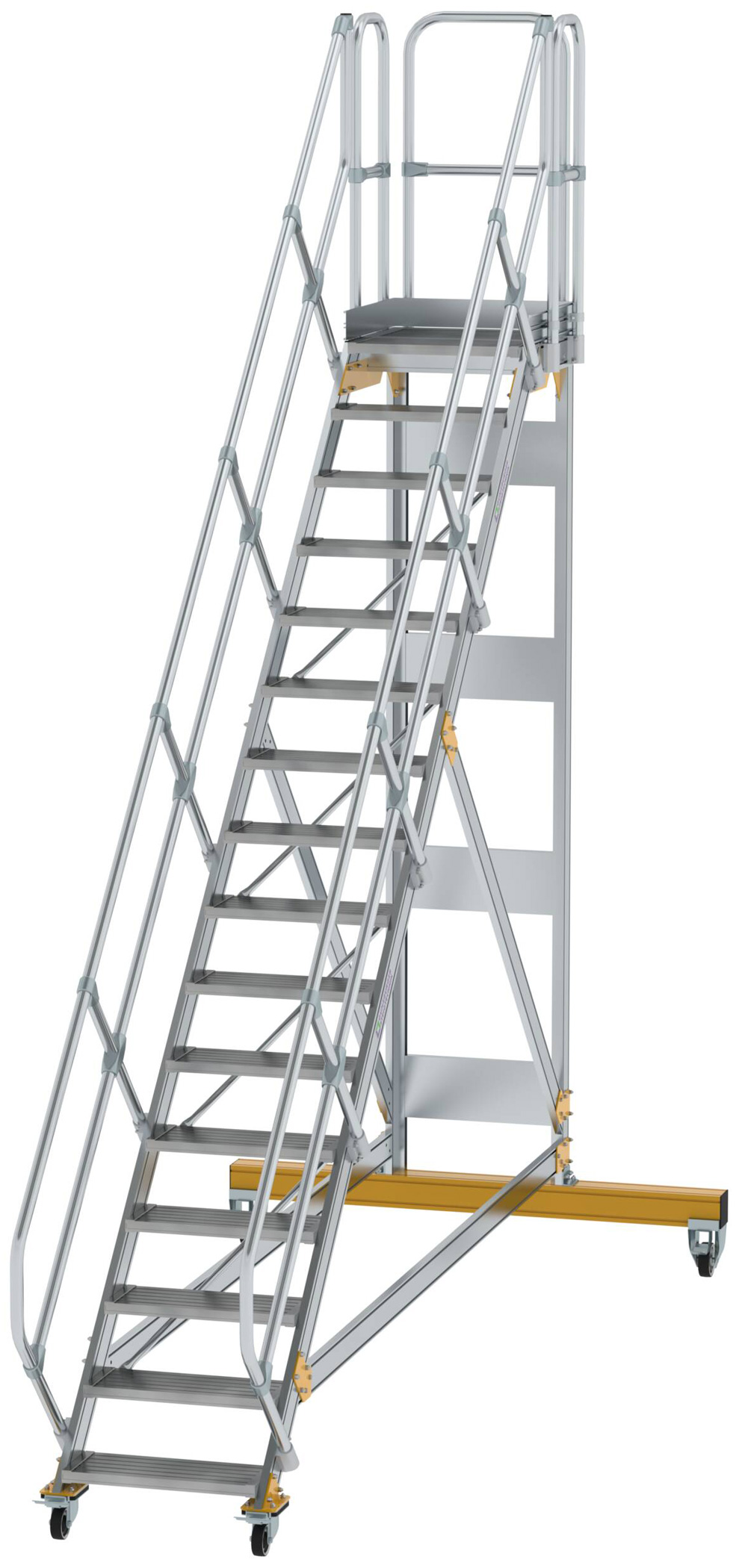 Günzburger Podesttreppe fahrbar 45° 16 Stufen - 600 mm breit Alutreppe fahrbar mit Umlaufgeländer - Stufenausführung Alu gerieft (GB-600776) Bild-01
