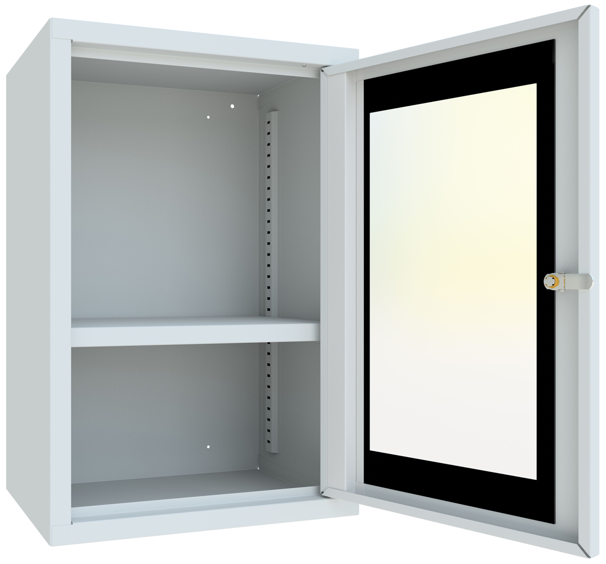 Pavoy Hängeschrank mit Sichtfenstertüren 600 x 400 x 300 mm - Rückwand glatt - RAL 7035 Stahlschrank mit Fachboden 383 x 269 mm - Korpus lichtgrau | Türrahmen lichtgrau (PA-22337-040-091-735) Bild-01