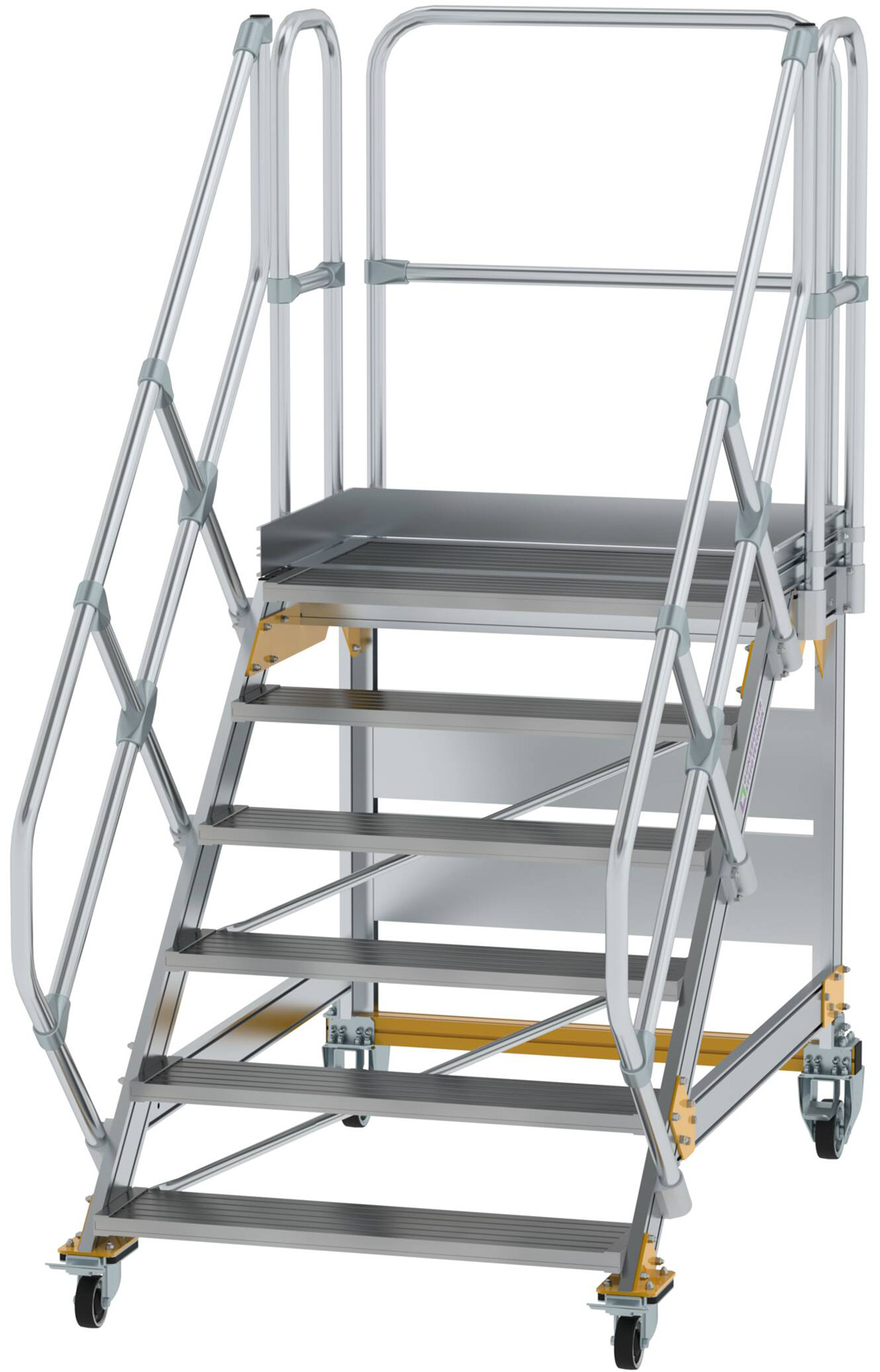 Günzburger Podesttreppe fahrbar 45° 6 Stufen - 1000 mm breit Alutreppe fahrbar mit Umlaufgeländer - Stufenausführung Alu gerieft (GB-600806) Bild-01