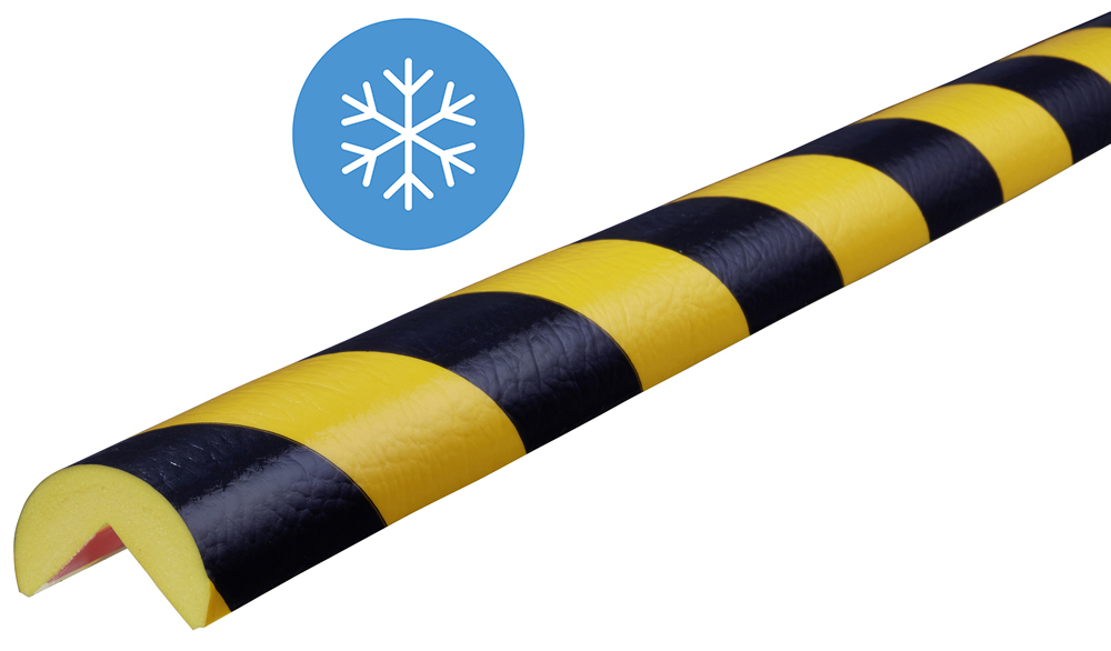 Knuffi Eckschutzprofil Typ A Ø 40 mm gelb | schwarz PU - 1,00 m Frost Warnschutz Profil Rundprofil mit Winkelaussparung aus Polyurethan - Eckprofil gestreift mit Installation bei bis zu -10 °C an Klebekanten (SM-PA-100) Bild-01