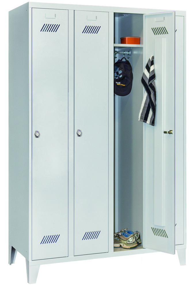 Pavoy Spind mit Füßen 1850 x 1200 x 500 mm - 4 Abteile mit Drehriegel - RAL 7035 Garderobenschrank Stahl Fachbreite 300 mm mit Hutboden und Kleiderstange - Korpus lichtgrau | Türen lichtgrau (PA-60201-413-032-735) Bild-01