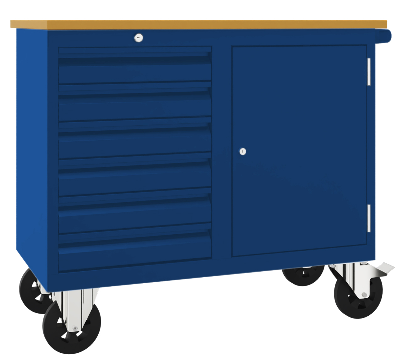 Pavoy Werkstattwagen Modell 000 - 1090 x 600 x 915 mm | mit Schrankfach und 1 x 6 Schubladen - RAL 5010 Montagewagen Stahl mit Multiplexplatte 25 mm - 1 Schubladenblock und 1 Fach mit Tür - Gestell enzianblau (PA-54541-109-000-510) Bild-01