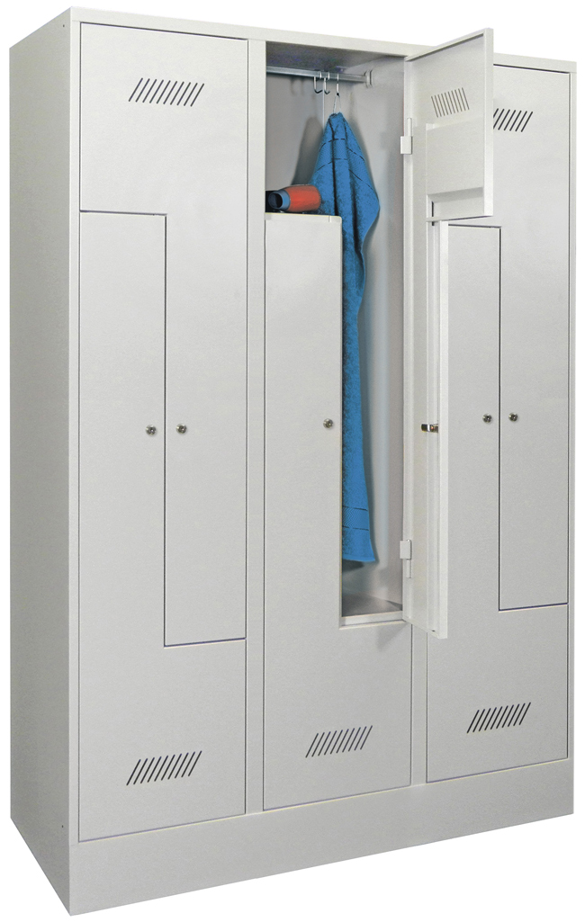 Pavoy Z-Spind mit Sockel 1850 x 1200 x 500 mm - 6 Abteile mit Zylinderschloss - RAL 7035 Garderobenschrank Z-Form Stahl Fachbreite 200 mm mit Kleiderstange - Korpus lichtgrau | Türen lichtgrau (PA-60262-612-021-735) Bild-01