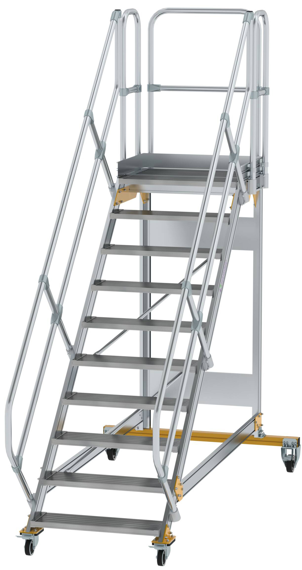 Günzburger Podesttreppe fahrbar 45° 10 Stufen - 800 mm breit Alutreppe fahrbar mit Umlaufgeländer - Stufenausführung Alu gerieft (GB-600790) Bild-01