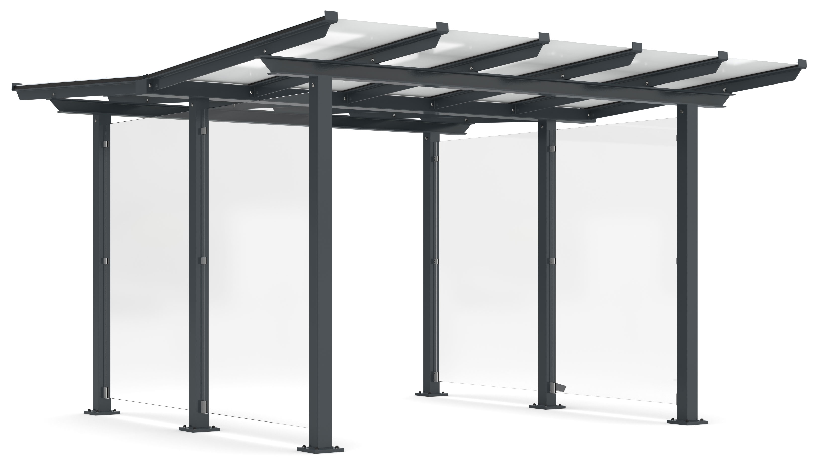 WSM Überdachung Passau doppelseitig - P22 Bausatz - RAL 7016 Unterstand Stahl pulverbeschichtet anthrazitgrau mit Glasdach - Wandelemente mit Glaseinsatz Glashell - zum Aufdübeln (WSM-102100362) Bild-01