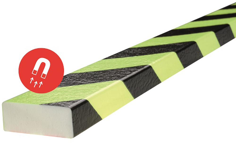 Knuffi Wandschutz Profil Typ D 50 x 20 mm neon | schwarz PU - 1,00 m Magnetic Warnschutz Profil Flachleiste schmal aus Polyurethan - Flächenprofil gestreift mit magnetischen Fläche (SM-PD-5043) Bild-01