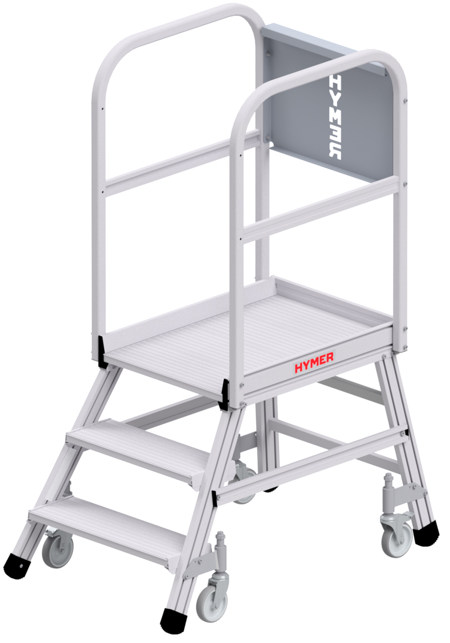 Hymer Podesttreppe fahrbar - 3 Stufen Treppe einseitig begehbar - Plattform 600 x 800 mm | mit Umlaufgeländer - nach DIN EN 131-7 (HY-618803) Bild-01