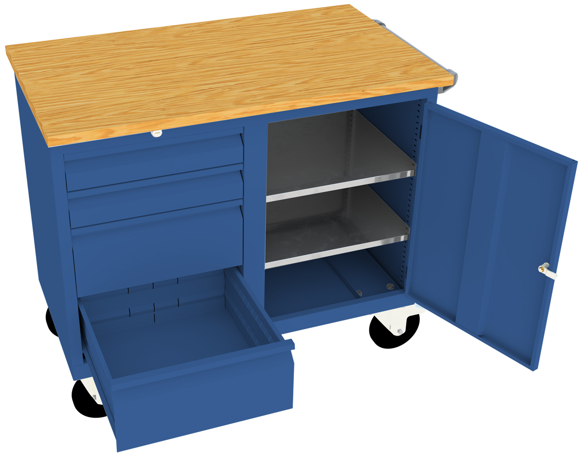 Pavoy Werkstattwagen Modell 001 - 1090 x 600 x 915 mm | mit Schrankfach und 1 x 4 Schubladen - RAL 5010 Montagewagen Stahl mit Multiplexplatte 25 mm - 1 Schubladenblock und 1 Fach mit Tür - Gestell enzianblau (PA-54541-109-001-510) Bild-01