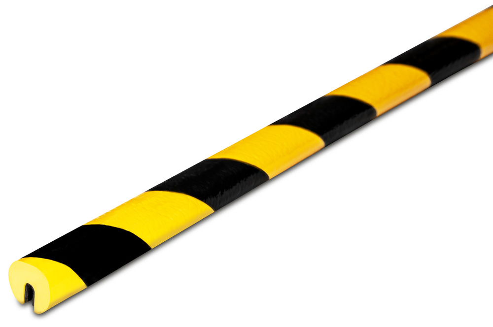 Knuffi Kantenschutzprofil Typ O Ø 20 mm gelb | schwarz PU - 5,00 m Standard Warnschutz Profil Rundprofil mit U-Aussparungaus Polyurethan - Randprofil gestreift mit Innenprofil zum klemmen (SM-PO-1010) Bild-01