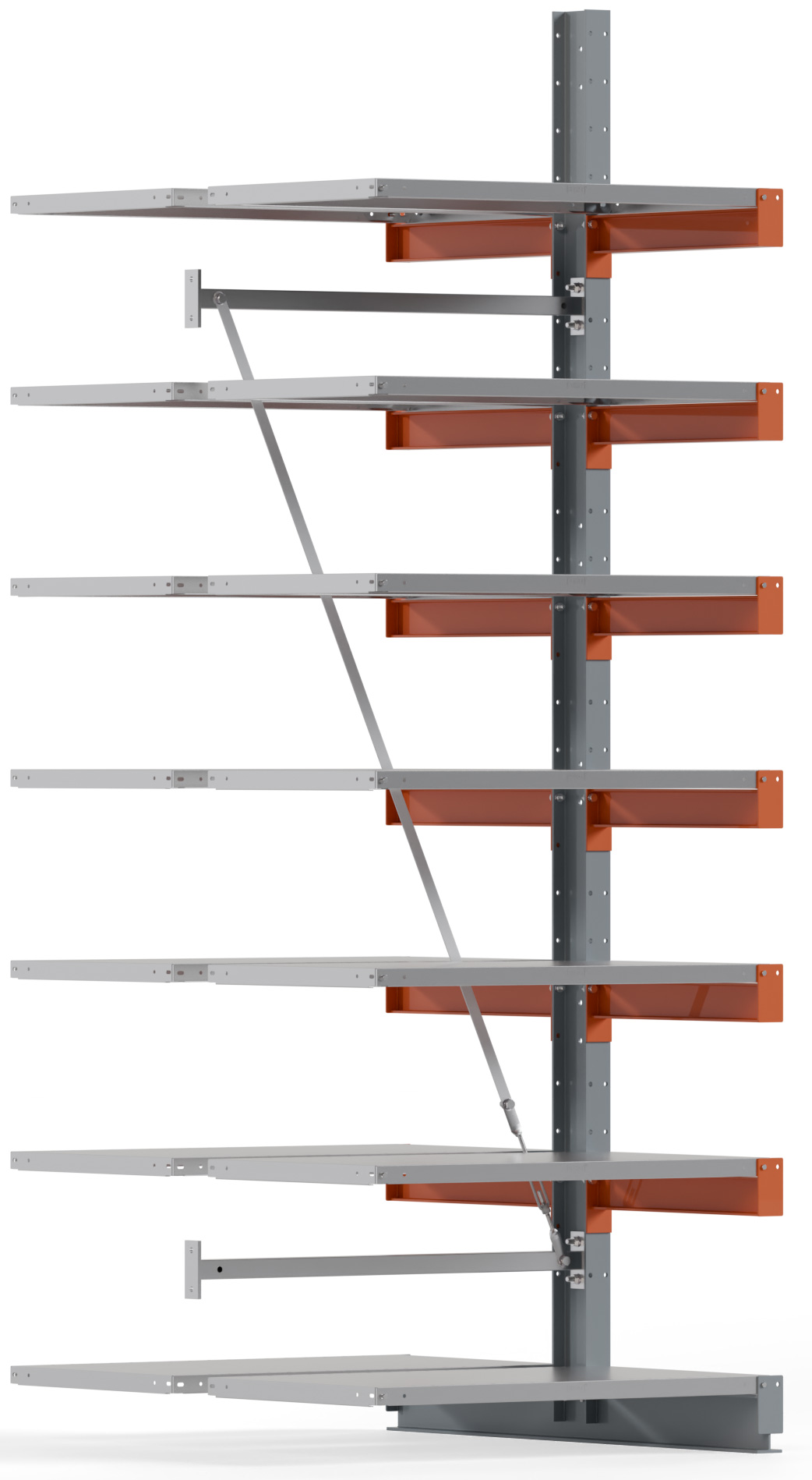 Regalwerk KARL BASIC 1550 Kragarmregal Stahlboden doppelseitig Anbaufeld 3000 x 1000 x 600 mm Lagerregal mit Kragarmlast 730 kg | Ständerlast 1550 kg - 2x7 Ebenen mit Fachböden | Kragarme frei verstellbar (RW-B6-54311-60) Bild-01