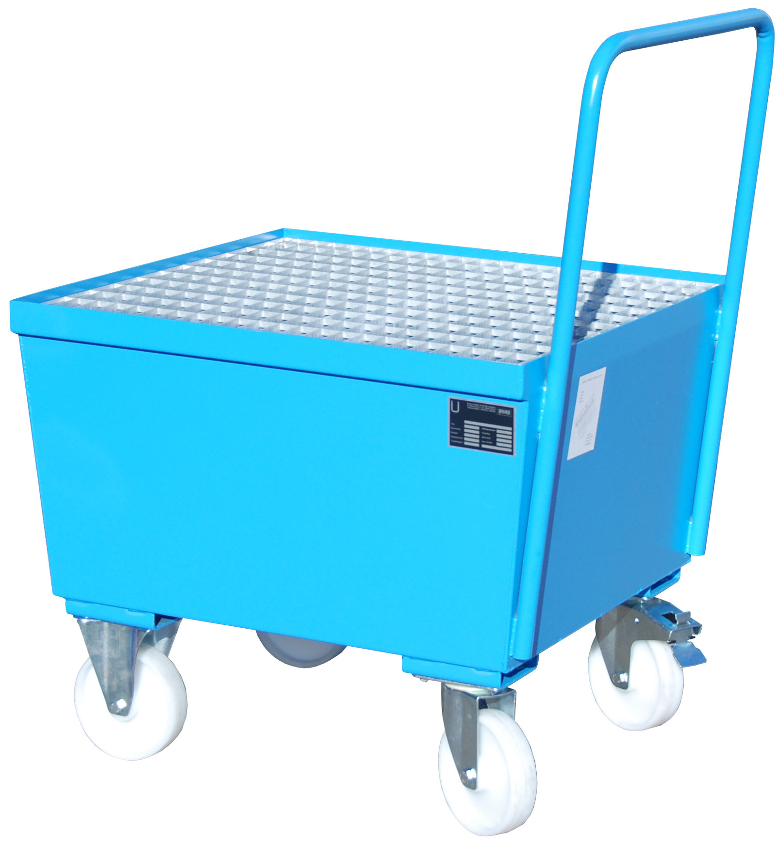 Bauer Auffangwanne fahrbar Stahl AW-F 1 - RAL 5012 Gefahrstoffwanne mobil lichtblau pulverbeschichtet mit Gitterrost - Stahlwanne für 1 Fass 200 Liter (BA-4447-21-0000-3) Bild-01