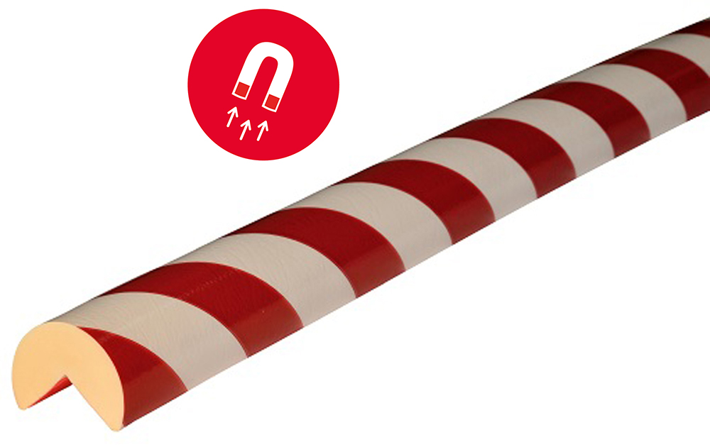 Knuffi Eckschutzprofil Typ A Ø 40 mm rot | weiß PU - 1,00 m Magnetic Warnschutz Profil Rundprofil mit Winkelaussparung aus Polyurethan - Eckprofil gestreift mit magnetischen Kanten (SM-PA-5010) Bild-01