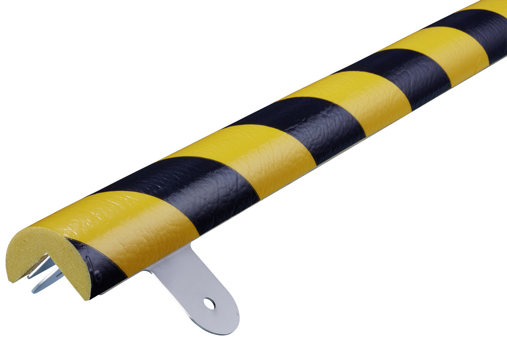 Knuffi Schutzprofil Kit Typ A Ø 40 mm gelb | schwarz PU - 1,00 m Warnschutz Profil Rundprofil mit Winkelaussparung aus Polyurethan - Eckprofil gestreift mit Befestigungswinkel Edelstahl (SM-WPA-15724) Bild-01
