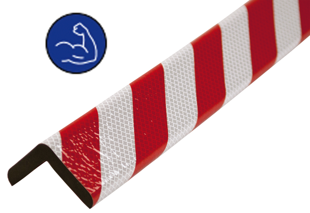 Knuffi Eckschutzprofil Typ H+ 60 x 60 mm rot | weiß PU - 1,00 m reflective Extra Strong Warnschutz Profil L-Winkel aus Polyurethan - Eckprofil gestreift reflektierend | temperaturbeständig | mit selbstklebenden Kanten (SM-PHR-11727) Bild-01