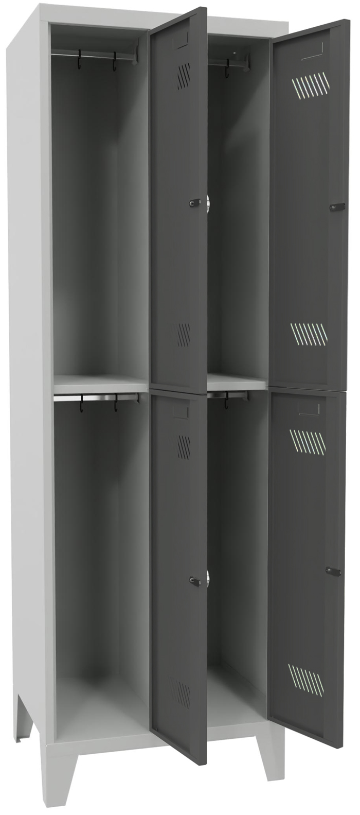 Pavoy Schließfach Spind mit Füßen 1850 x 600 x 500 mm - 4 Abteile mit Drehriegel - RAL 7035 | 7016 Schließfach Schrank Stahl Fachbreite 300 mm mit Kleiderstange - Korpus lichtgrau | Türen anthrazitgrau (PA-60260-223-032-735716) Bild-01