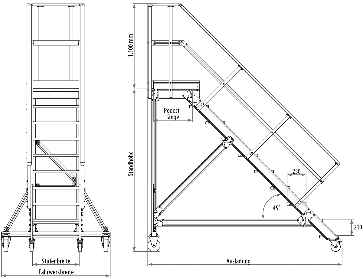 Vorschau: Hymer Podesttreppe fahrbar 45° 5 Stufen - 600 mm
