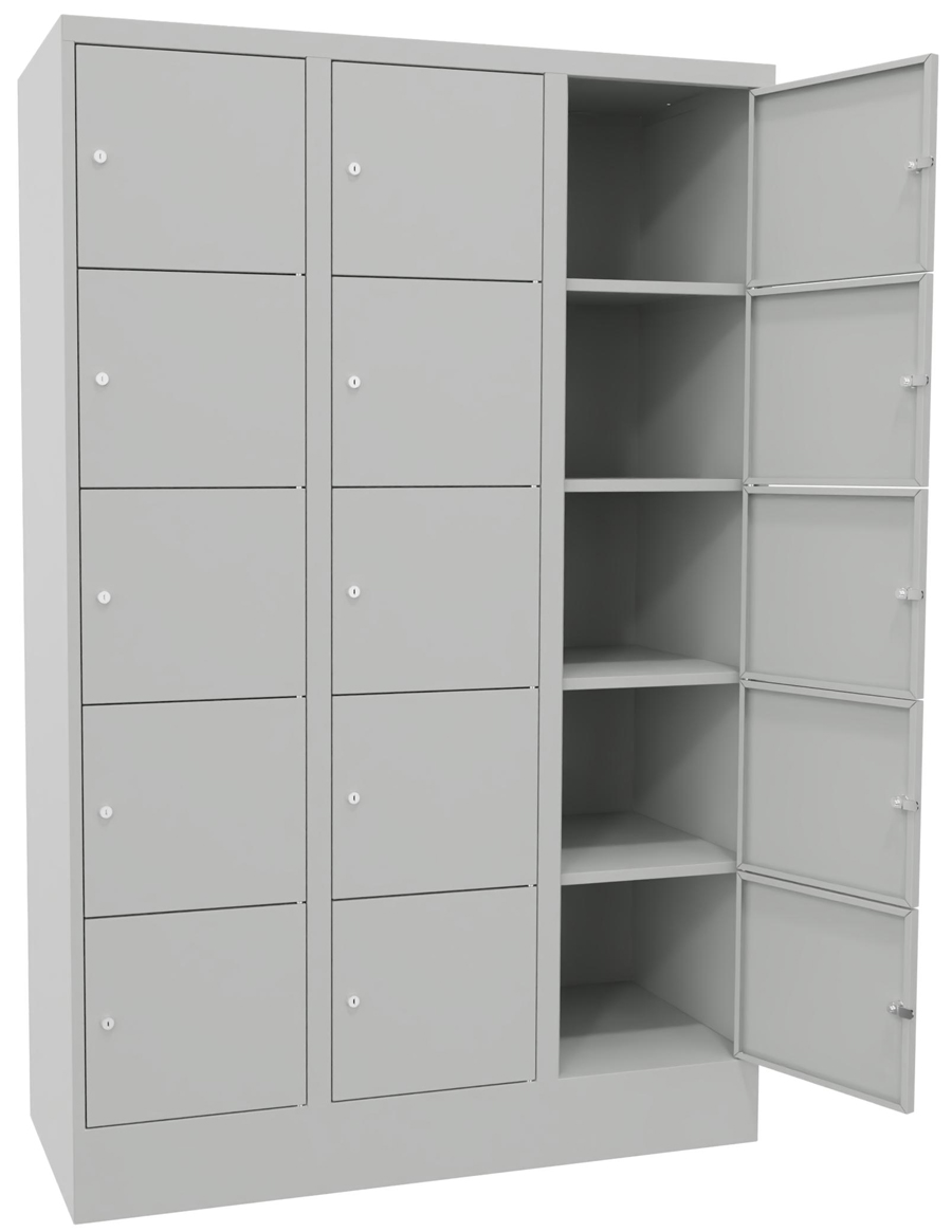 Pavoy Schließfachschrank mit Sockel 1850 x 1200 x 500 mm - 5 x 3 Fächer mit Zylinderschloss - RAL 7035 Wertfachschrank Stahl Fachbreite 400 mm | 15 Fächer - Korpus lichtgrau | Türen lichtgrau (PA-61265-354-401-735) Bild-01