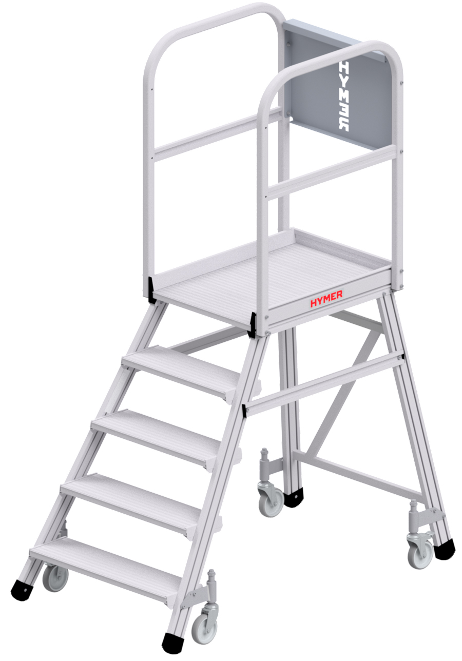 Hymer Podesttreppe fahrbar - 5 Stufen Treppe einseitig begehbar - Plattform 600 x 800 mm | mit Umlaufgeländer - nach DIN EN 131-7 (HY-618805) Bild-01