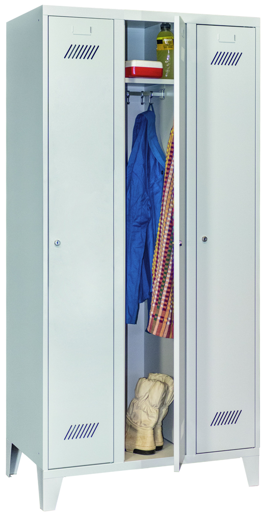 Pavoy Spind mit Füßen 1850 x 900 x 500 mm - 3 Abteile mit Zylinderschloss - RAL 7035 Garderobenschrank Stahl Fachbreite 300 mm mit Hutboden und Kleiderstange - Korpus lichtgrau | Türen lichtgrau (PA-60201-313-031-735) Bild-01