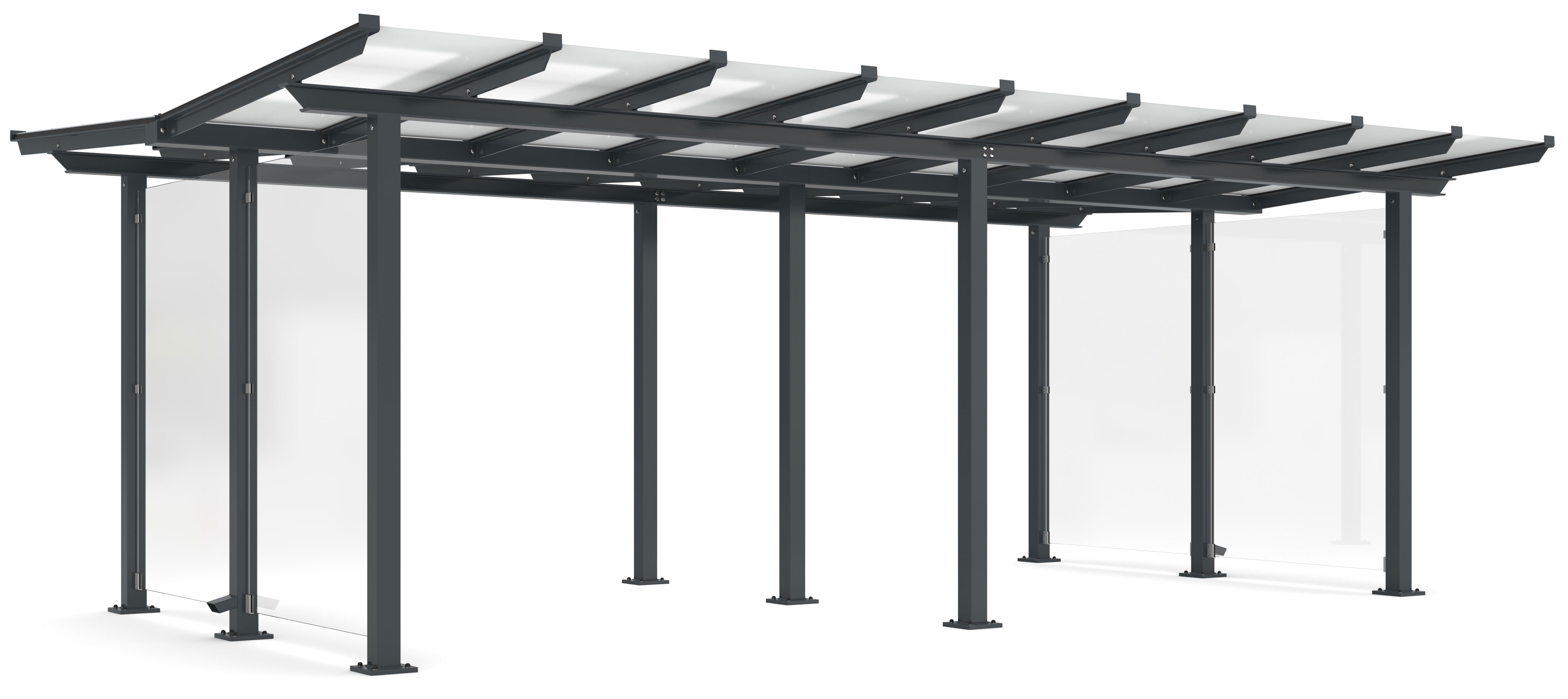 WSM Überdachung Passau doppelseitig - P24 Bausatz - RAL 7016 Unterstand Stahl pulverbeschichtet anthrazitgrau mit Glasdach - Wandelemente mit Glaseinsatz Glashell - zum Aufdübeln (WSM-102100366) Bild-01