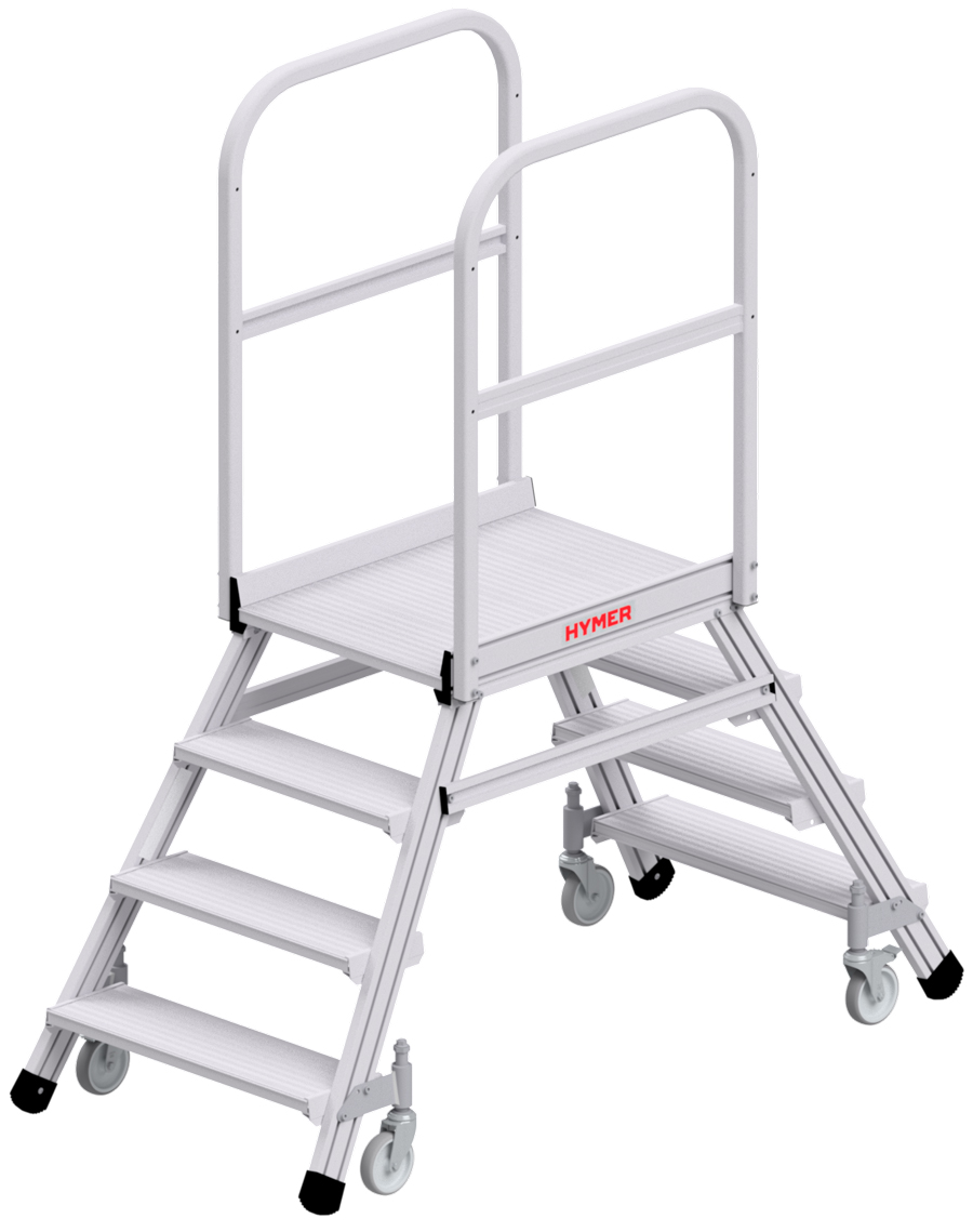 Hymer Podesttreppe fahrbar - 2x4 Stufen Treppe beidseitig begehbar - Plattform 600 x 800 mm | mit Podestgeländer beidseitig - nach DIN EN 131-7 (HY-618904) Bild-01