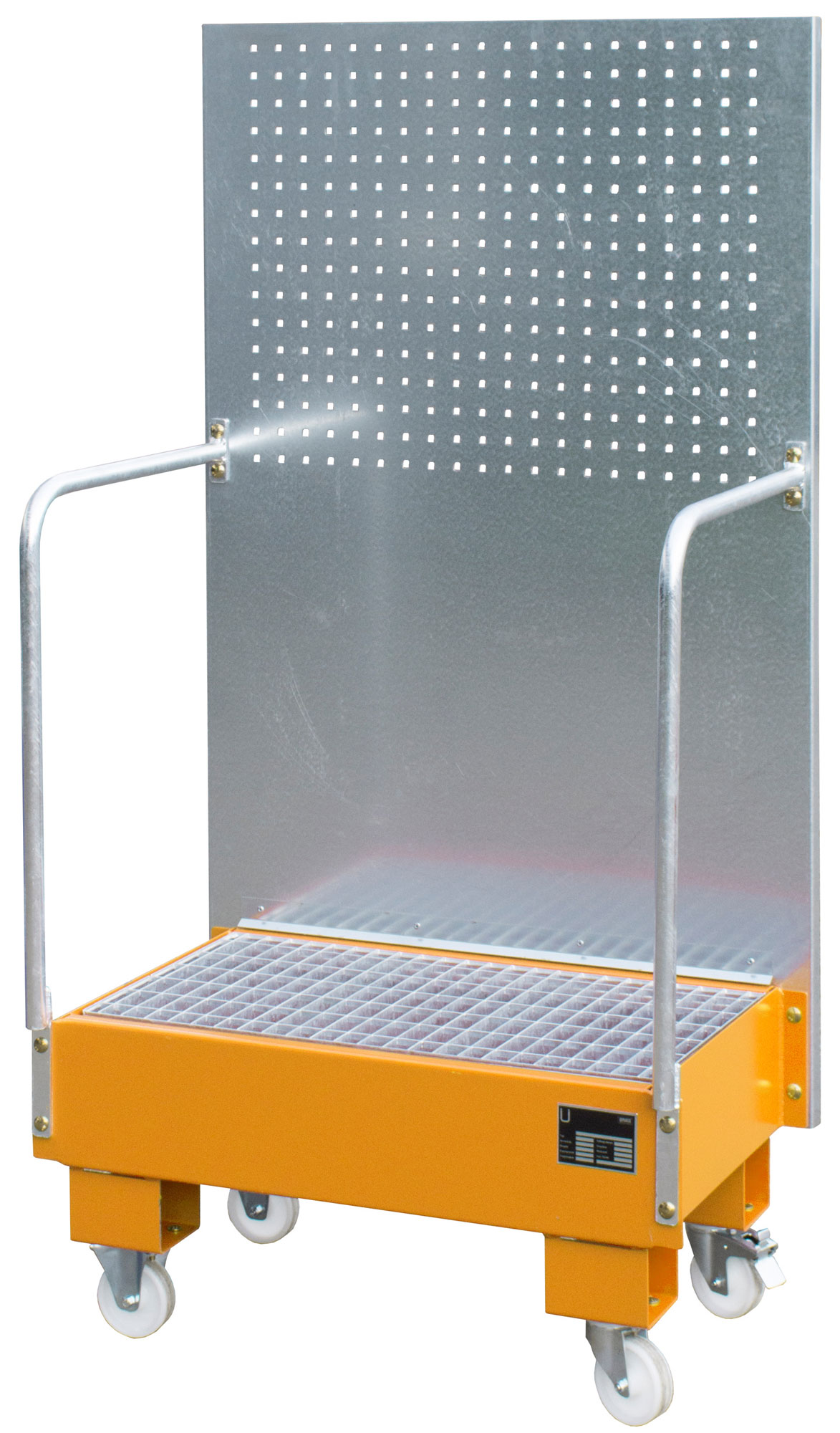 Bauer Auffangwanne fahrbar Stahl LPW 60-2 - RAL 2000 Gefahrstoffwanne mobil gelborange pulverbeschichtet mit Gitterrost - Stahlwanne für 2 Fässer 60 Liter (BA-4447-56-0000-1) Bild-01