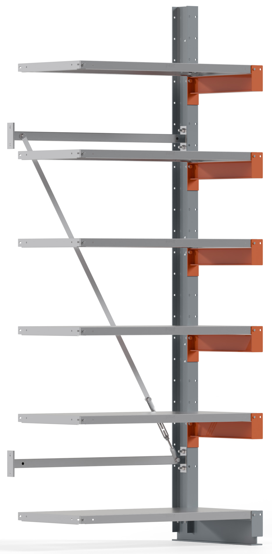 Regalwerk KARL BASIC 2100 Kragarmregal Stahlboden einseitig Anbaufeld 2500 x 1000 x 500 mm Lagerregal mit Kragarmlast 870 kg | Ständerlast 2100 kg - 6 Ebenen mit Fachböden | Kragarme frei verstellbar (RW-B6-54201-50) Bild-01